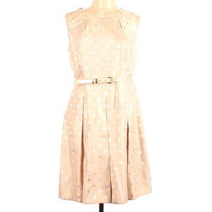 Tahari polka dot pocket dress with belt champagne tan white metallic